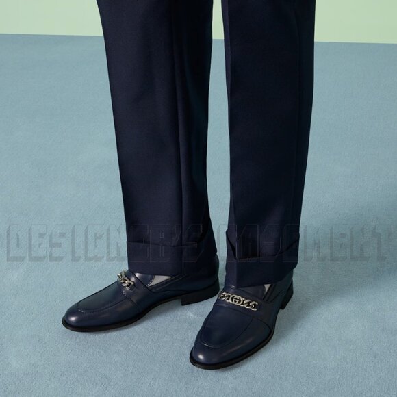 Gucci 8 blue Agata lambskin Leather Interlocking G chain detail Loafer Shoes NIB - Picture 4 of 8